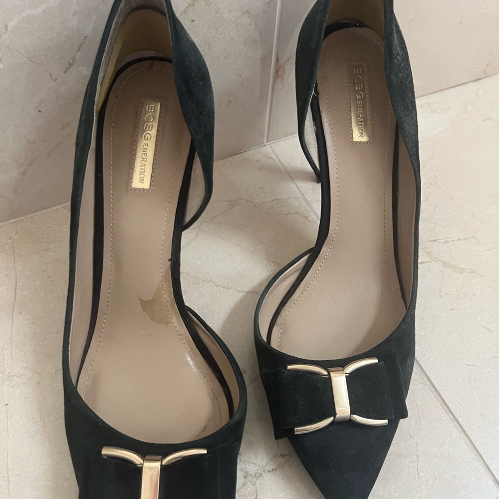 BCBGeneration Black Suede Heels with Gold Bow